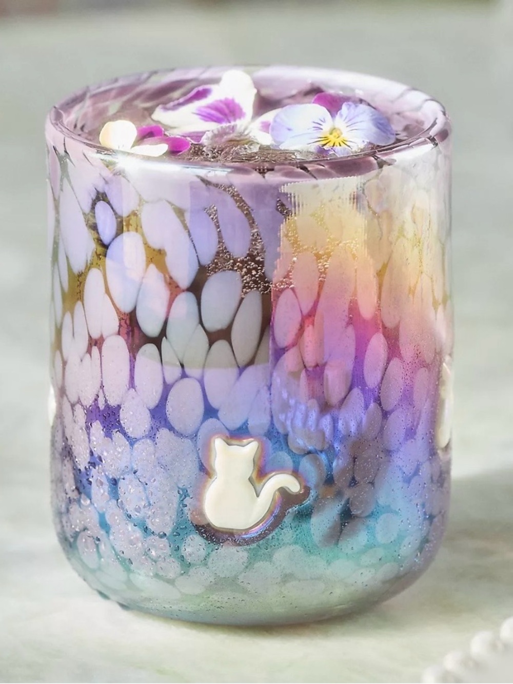 Anthropologie Icon Juice Glass Marquee Luster Cat Purple White 17 Oz Limited New